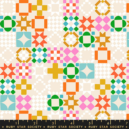 Quilty As Charged in Shell quilting cotton by Ruby Star Society — a cheeky novelty print for anyone who has ever been accused of buying too much fabric on a soft blush pink — pattern repeat