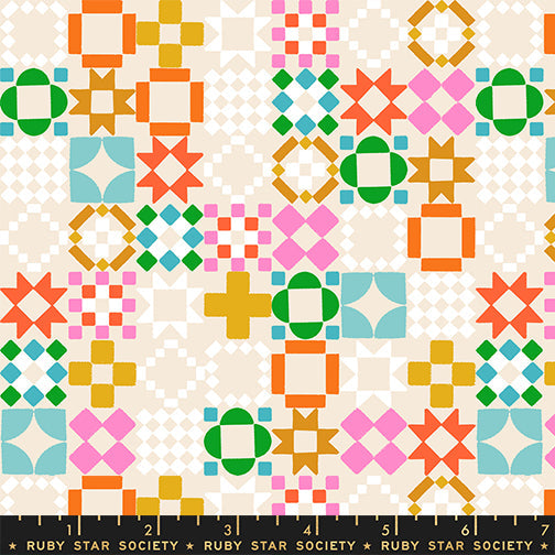 Quilty As Charged in Shell quilting cotton by Ruby Star Society — a cheeky novelty print for anyone who has ever been accused of buying too much fabric on a soft blush pink — pattern repeat