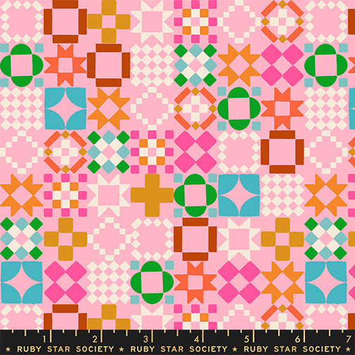 Quilty As Charged in Posy quilting cotton by Ruby Star Society — a cheeky novelty print for anyone who has ever been accused of buying too much fabric on a warm pink — pattern repeat
