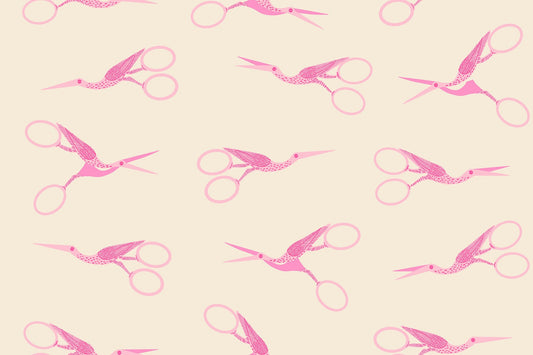 Stork Scissors in Shell quilting cotton by Ruby Star Society — the classic stork embroidery scissors on a soft blush pink