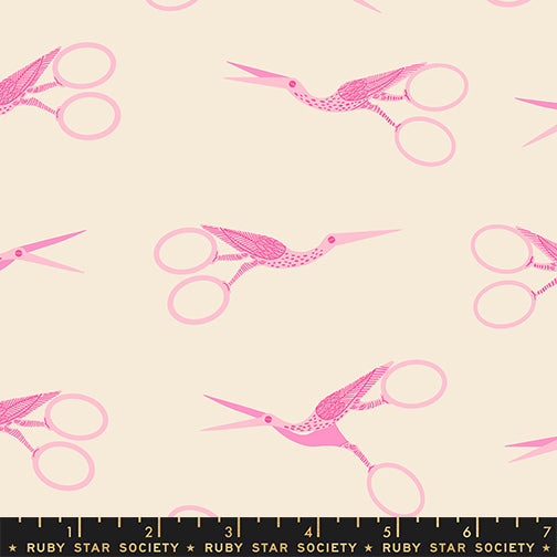 Stork Scissors in Shell quilting cotton by Ruby Star Society — the classic stork embroidery scissors on a soft blush pink — pattern repeat
