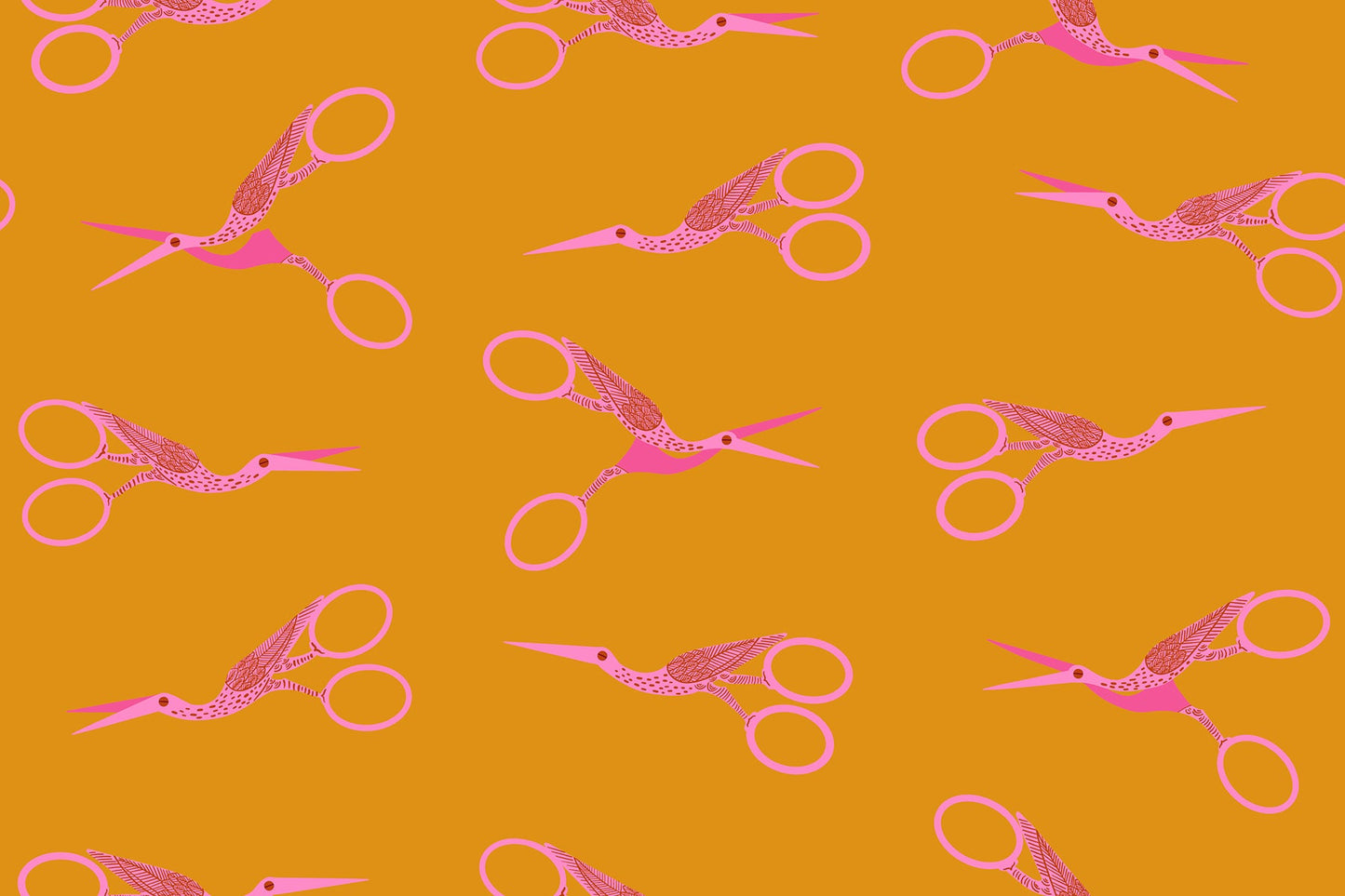 Stork Scissors in Honey quilting cotton by Ruby Star Society — the classic stork embroidery scissors on a golden honey yellow