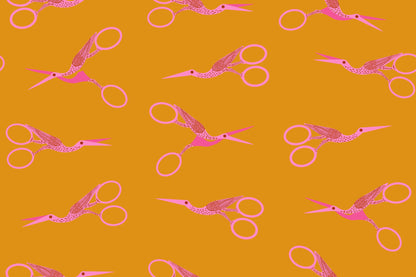 Stork Scissors in Honey quilting cotton by Ruby Star Society — the classic stork embroidery scissors on a golden honey yellow