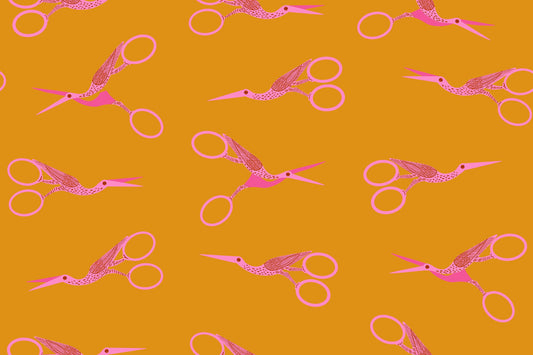 Stork Scissors in Honey quilting cotton by Ruby Star Society — the classic stork embroidery scissors on a golden honey yellow