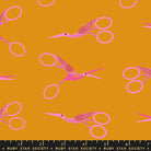 Stork Scissors in Honey quilting cotton by Ruby Star Society — the classic stork embroidery scissors on a golden honey yellow — pattern repeat