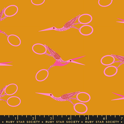 Stork Scissors in Honey quilting cotton by Ruby Star Society — the classic stork embroidery scissors on a golden honey yellow — pattern repeat