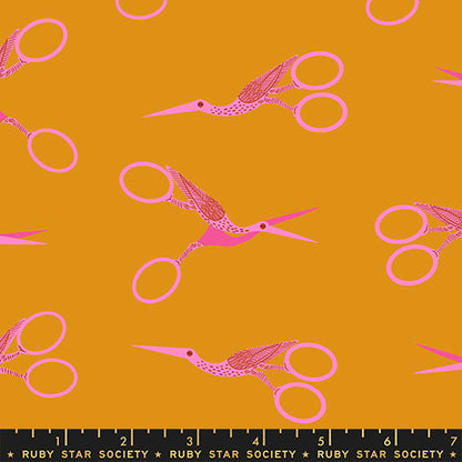 Stork Scissors in Honey quilting cotton by Ruby Star Society — the classic stork embroidery scissors on a golden honey yellow — pattern repeat