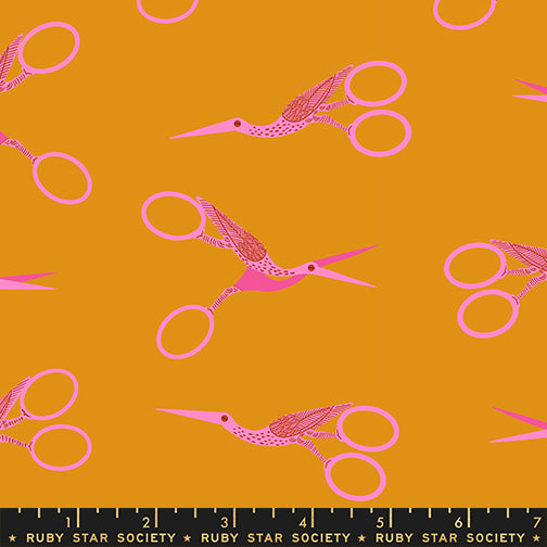 Stork Scissors in Honey quilting cotton by Ruby Star Society — the classic stork embroidery scissors on a golden honey yellow — pattern repeat