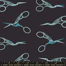 Stork Scissors in Soft Black quilting cotton by Ruby Star Society — the classic stork embroidery scissors on Ruby Star's signature soft black — pattern repeat