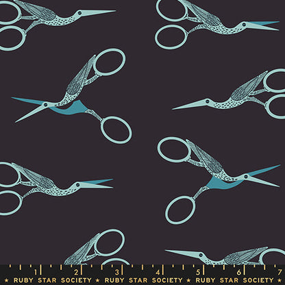 Stork Scissors in Soft Black quilting cotton by Ruby Star Society — the classic stork embroidery scissors on Ruby Star's signature soft black — pattern repeat