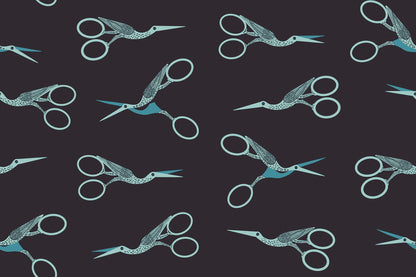 Stork Scissors in Soft Black quilting cotton by Ruby Star Society — the classic stork embroidery scissors on Ruby Star's signature soft black