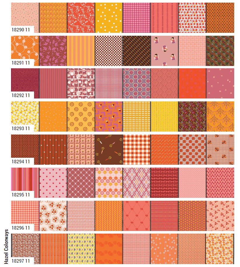 Gathered Lollies Hazel quarter metre bundle by Jen Kingwell for Moda – the eight fabrics shown from a second angle, in pinks, corals, reds, oranges and golds