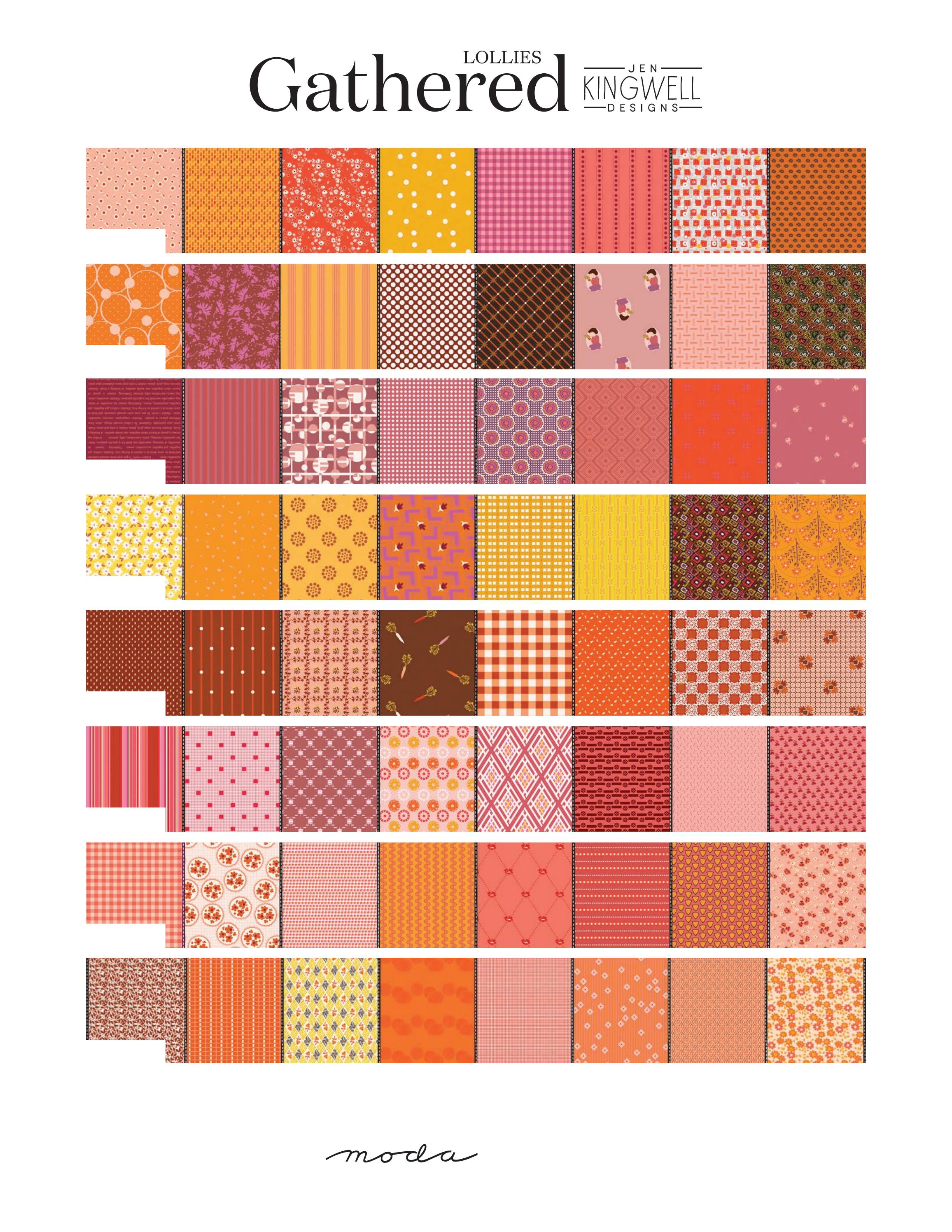 Gathered Lollies Hazel half metre bundle by Jen Kingwell for Moda – the eight fabrics shown from a second angle, in pinks, corals, reds, oranges and golds