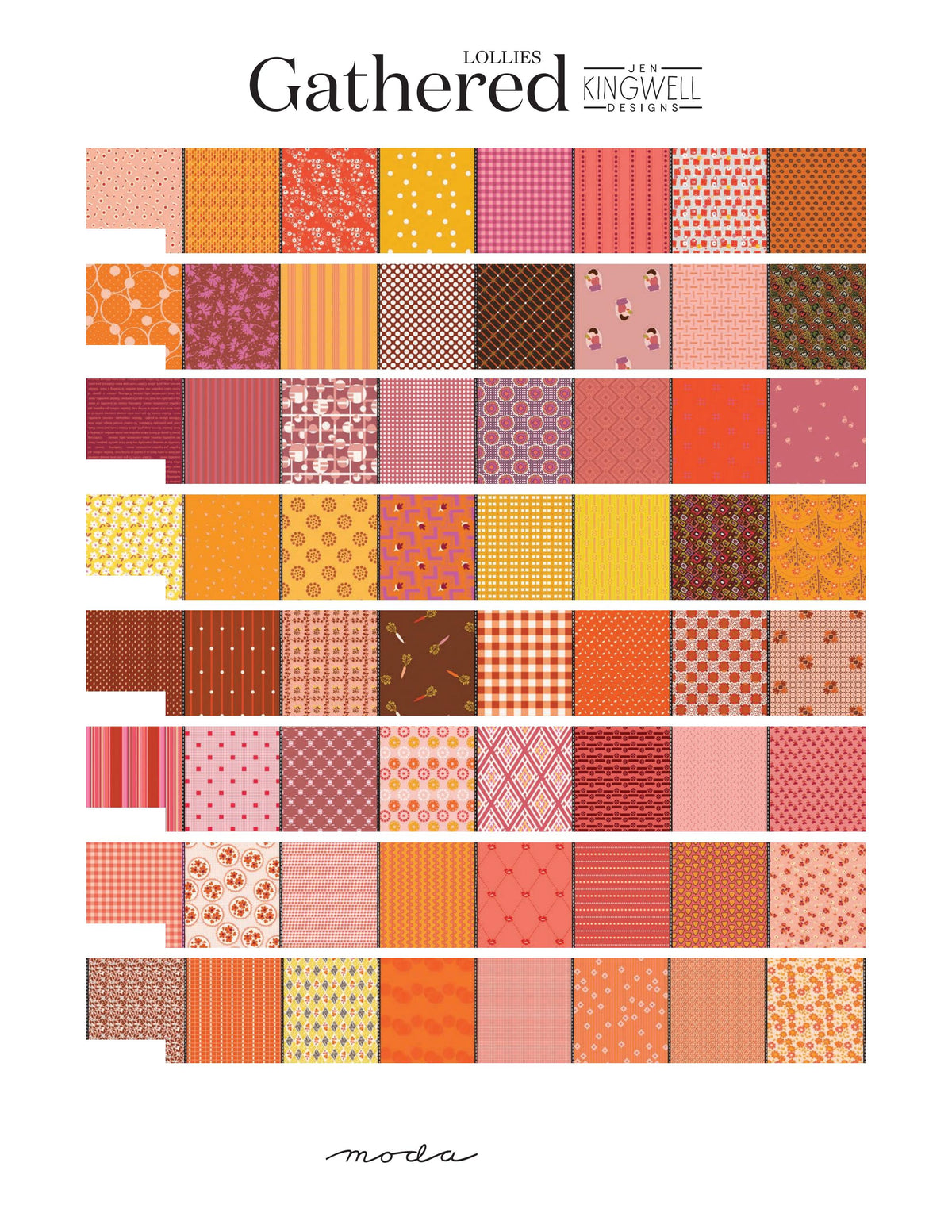 Gathered Lollies Hazel half metre bundle by Jen Kingwell for Moda – the eight fabrics shown from a second angle, in pinks, corals, reds, oranges and golds