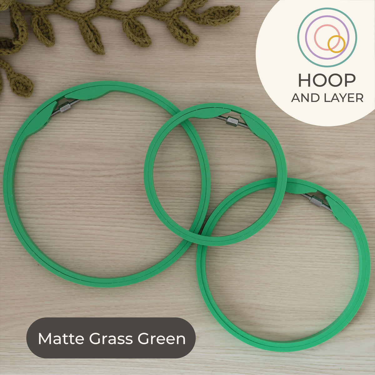 Hoop and Layer seamless round embroidery hoops in Matte Grass Green