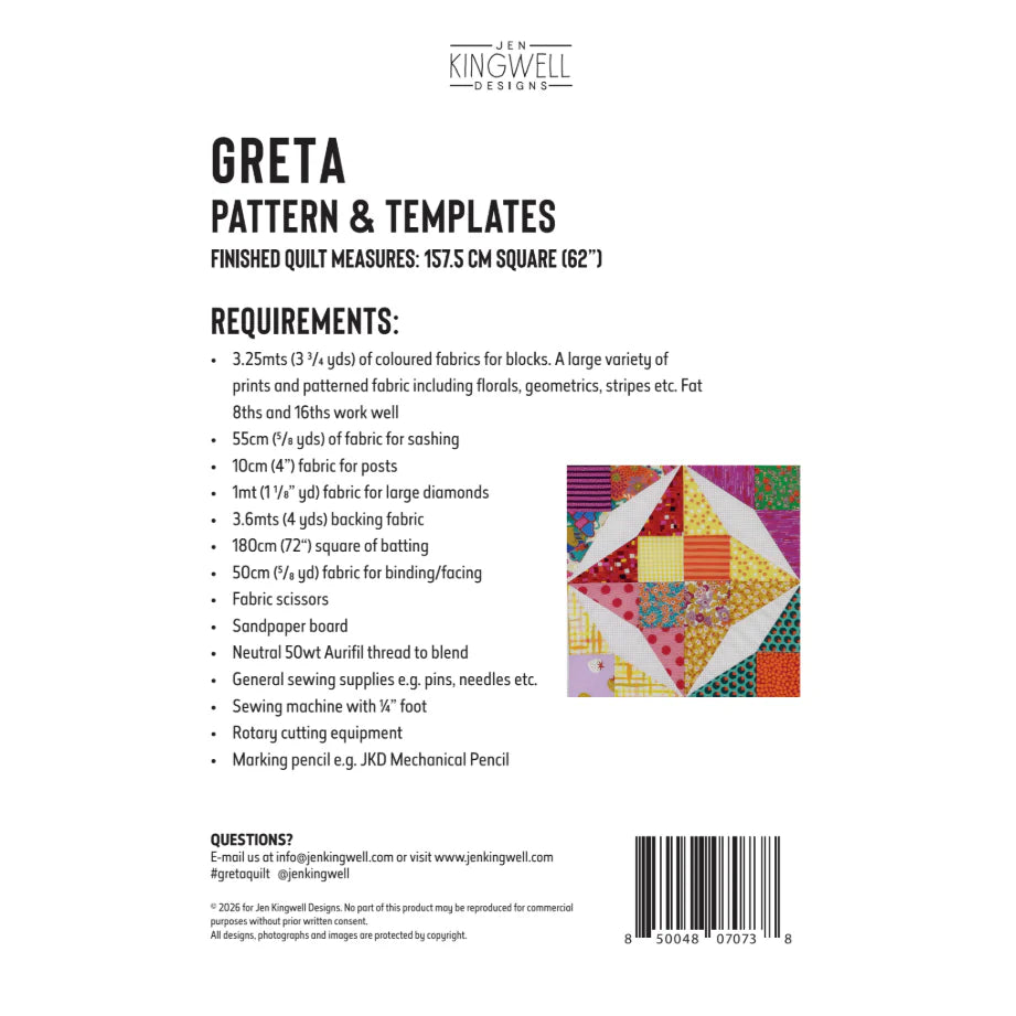Greta Pattern And Acrylic Templates by Jen Kingwell